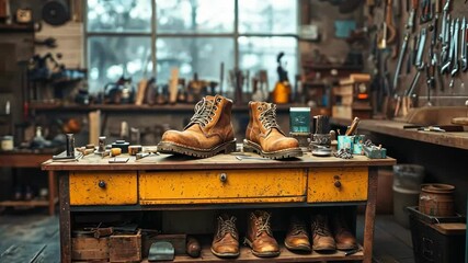 Well worn leather boots on a yellow table in a workshop with tools and worn boots, vintage atmosphere, repair concept, craftsmanship.
