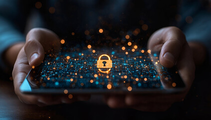 Cybersecurity: A close-up view of hands cradling a digital tablet adorned with an illuminated padlock, representing the critical importance of cybersecurity in a digitally connected world.