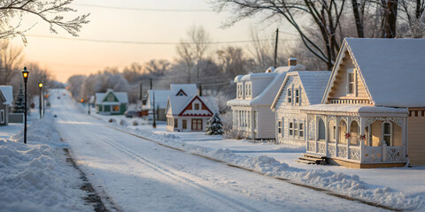 Winter wonderland scene quaint village snowy landscape evening light captivating view charming atmosphere
