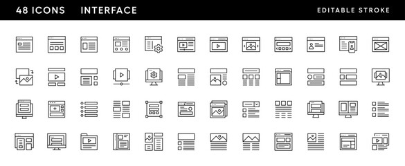 Interface icon collection. User interface icons, layout, sidebar, web page, browser, wireframe, gallery, workspace and more. Editable stroke. Pixel Perfect. Grid base 32 x 32.