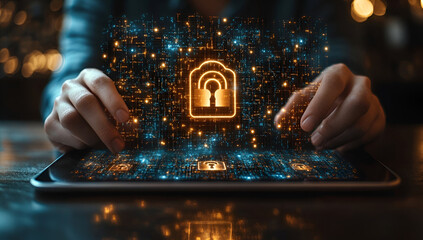 Cyber Security: Safeguarding digital realms. Close-up view of hands interacting with a tablet.