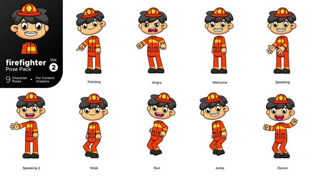 Firefighter 9-Pose Animation Pack, Cute Cartoon Character for Creators