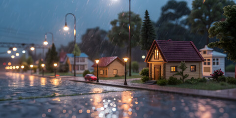 Rainy evening scene miniature town photography urban landscape close-up serenity