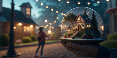 Enchanting snow globe displaying cozy cottage outdoor evening scene decorative art festive atmosphere captivating view