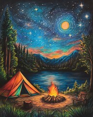Crayon drawing of a camping scene with a tent, bonfire, and starry sky