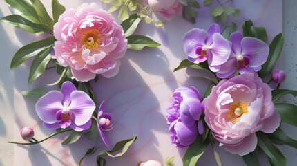 Beautiful peonies and orchids are lying on the marble table.