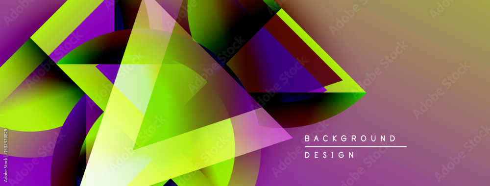 Poster abstract geometric shapes overlap, creating vibrant color gradients. design features purple, green, 