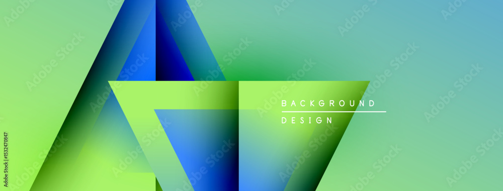 Poster Abstract geometric shapes, vibrant gradients, modern design. Blue, green hues create dynamic visual effect. Text reads background design.