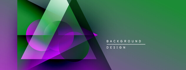 Abstract geometric shapes overlap, creating vibrant gradients. Green, purple hues dominate design, suggesting modern aesthetic.