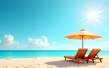 Landscape summer vacation holiday travel ocean sea beach background banner panorama - Wooden sun loungers, lounge chair and parasol on the sand, blue sky and sunshine (Generative Ai). High quality