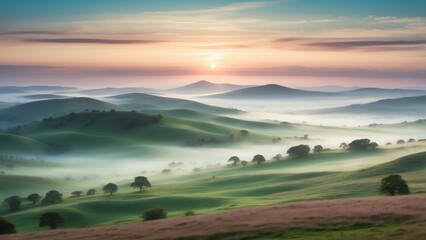 Fototapeta premium A Dreamy Landscape of Hills and Sunrise with the Fog