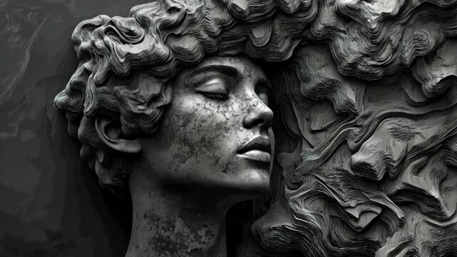 Stone sculpture of woman with eyes closed, detailed texture, abstract hair design. Classic statue. Conceptual art, beauty, peace.
