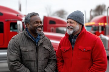 Two mature truckers sharing a laugh near red trucks – ideal for themes of camaraderie, trucking life or driver community