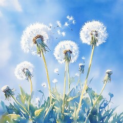 Watercolor of dandelions blowing in the wind against a clear sky