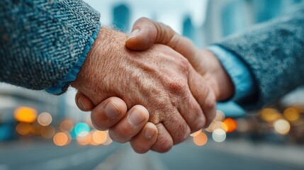 Close-up of a handshake between senior men in cityscape – ideal for business partnership visuals, senior collaboration or retirement planning