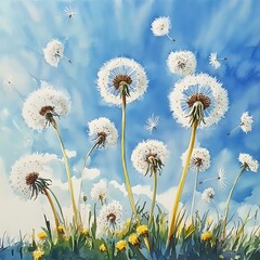 Watercolor of dandelions blowing in the wind against a clear sky
