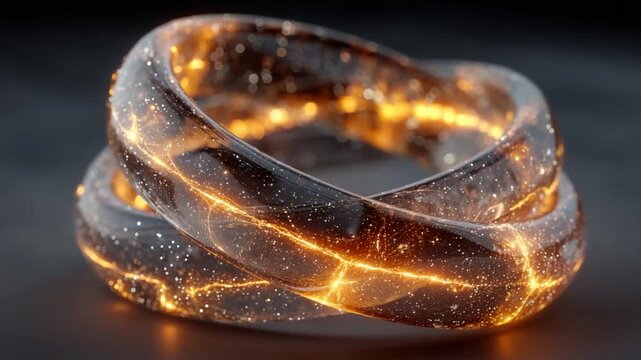 Elegant abstract toroid knot with glowing particles and energy veins in a dark environment