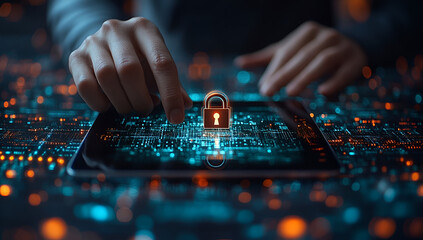 Cyber Security Fortress: A digital fortress comes to life as a person's hand delicately touches a tablet, atop a motherboard's mesmerizing circuit layout.