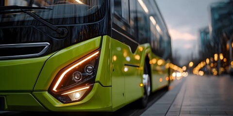Fototapeta premium Low-angle close-up of a vibrant lime green electric bus on a sun-drenched city street at golden hour, focusing on its sleek modern headlight design.