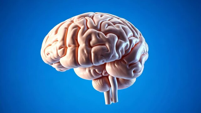 Rotating human brain on blue background showcasing detailed anatomy and neural pathways