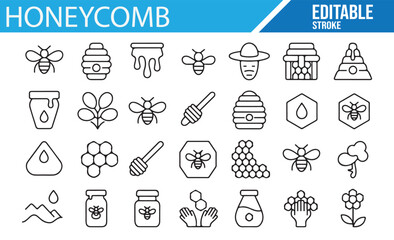 Simple line icons of honey and bees for agricultural and food packaging