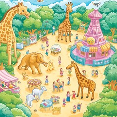 Crayon-style zoo with kids feeding animals and ice cream stands