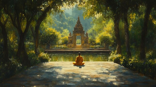 Oil painting of a monk meditating in a serene temple garden - Powered by Adobe