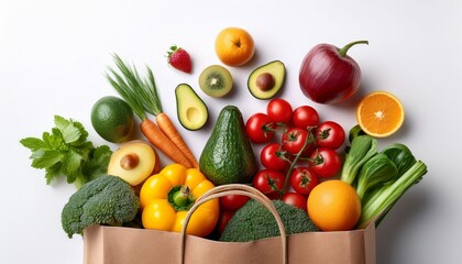 top view fresh vegetables and fruits in grocery paper bag bag isolated on white background