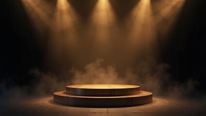 Empty stage with two tiered pedestal and spotlights