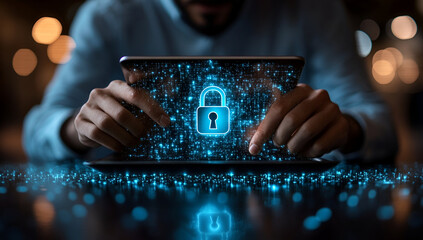 Secured Digital World: The image shows a person using tablet computer, surrounded by digital lights. It represents digital security and online safety. 
