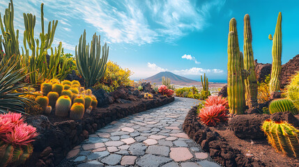 Travel concept. Amazing view of tropical cactus garden (Jardin de Cactus) in Guatiza village. Location Lanzarote, Canary Islands, Spain. Artistic picture. Beauty world