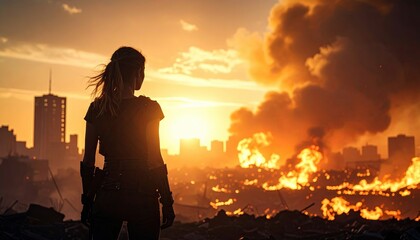 Obraz premium Survivor Girl in Post-Apocalyptic Landscape at Sunset