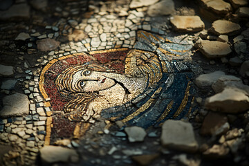 Ancient mosaic artwork of female figure with intricate stone patterns
