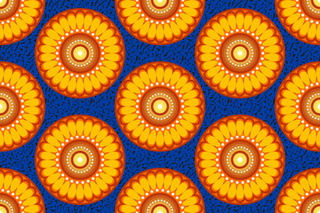 Seamless African Wax Print fabric, Ethnic handmade textile for your design, Afro Ethnic flowers and tribal motifs geometric elements. Vector texture, Africa ornament pattern Ankara fashion style