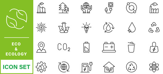 cology icon set. Environment, sustainability, nature, recycle, renewable energy; electric bike, eco-friendly, forest, wind power, green symbol. Solid icons vector collection.