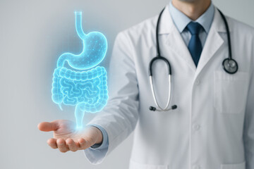 Holographic digestive system projection floating above hand of medical professional wearing white coat and stethoscope, symbolizing advanced healthcare and anatomy study