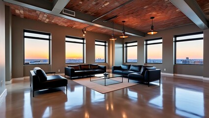Modern loft-style condo with polished concrete floors, exposed ceilings, minimalist leather furniture, and industrial lighting
