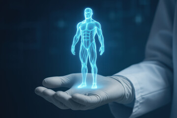 Hologram of muscular human anatomy glowing blue above gloved hand in dark medical or scientific setting showing detailed muscle structure and futuristic technology