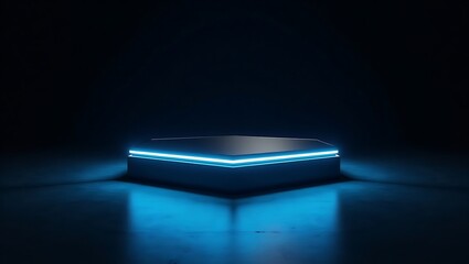 Hexagonal platform with neon blue lights dark background