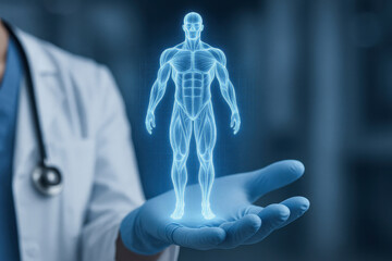 Gloved hand of medical professional holding glowing blue hologram of human muscular system, symbolizing advanced healthcare technology and anatomy study