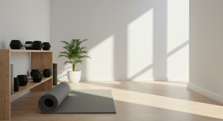 Modern minimalist home gym equipment with mat, dumbbells, plants