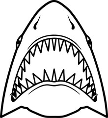 Aggressive shark open mouth illustration predatory marine animal with sharp teeth, aquatic fear concept, black line art