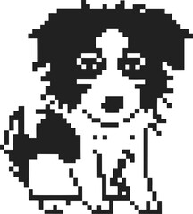 Obraz premium Pixel art black and white border collie dog illustration retro digital animal graphic, cute sitting pet icon