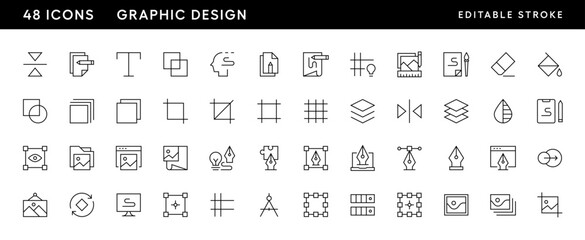 Graphic design icon collection. Design icon set. Fine art, design tools, color, idea, grid, eraser, flip, layer and more. Editable stroke. Pixel Perfect. Grid base 32 x 32.