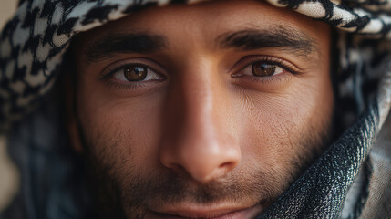 Fototapeta premium Close-up portrait of a man with intense gaze wearing a patterned keffiyeh