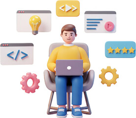 3D illustration Person working on laptop with website design elements coding