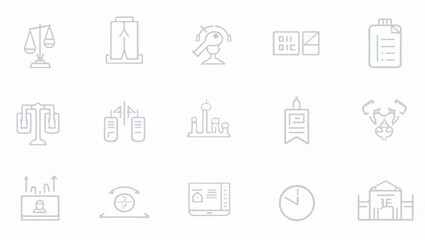 "Outline vector icon set featuring balance scales, directional arrows, checkmark, alignment, clocks, dials, and navigation symbols. Clean, minimal, and perfect for UI/UX or data visualization"
