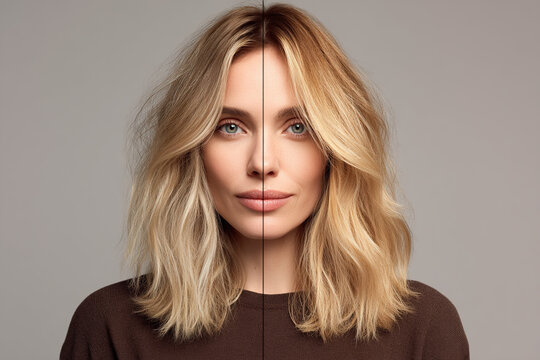 Hair color comparison showing lighter and darker shades of blonde hair on the same woman, demonstrating different coloring techniques.