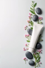 Serene Skincare Ritual: A minimalist composition showcases a white tube of skincare product alongside a delicate arrangement of pebbles, soft pink blossoms, and verdant greenery.