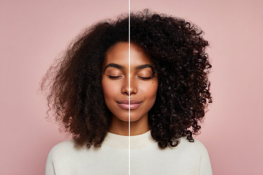 Before & After: Curly Hair Transformation. Witness the journey from frizzy to fabulous with our smoothing hair solutions. Closed eyes serene.